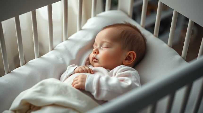 Baba alvása a kiságyban, békés és nyugodt környezetben.