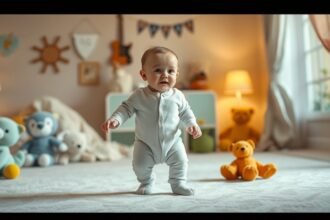 Baba első járókájában, puha játszószőnyegen állva, játékfigurák között.