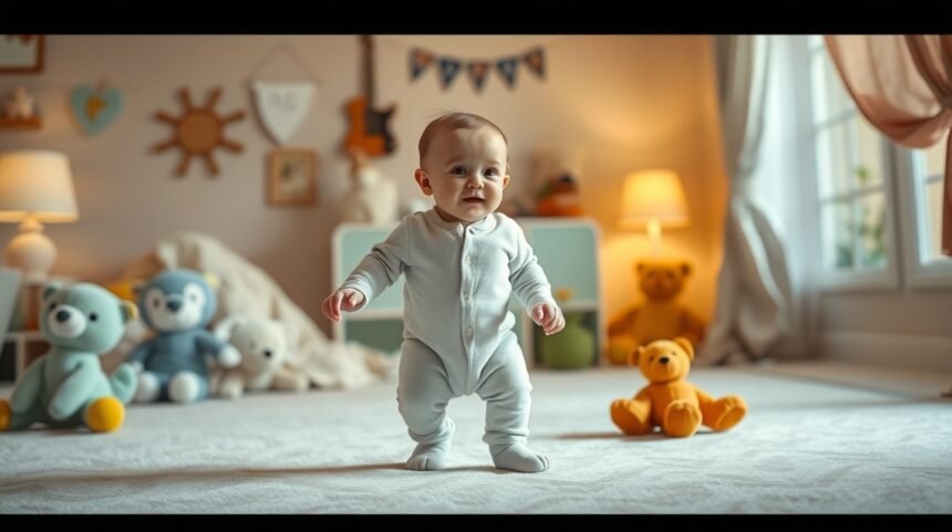 Baba első járókájában, puha játszószőnyegen állva, játékfigurák között.