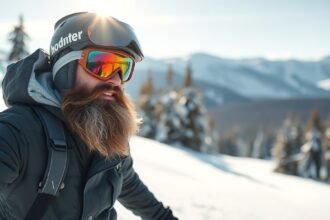 Férfi síelés közben ápolt szakállal a havas hegyekben