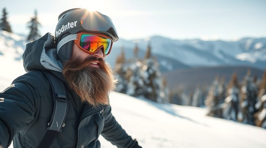 Férfi síelés közben ápolt szakállal a havas hegyekben