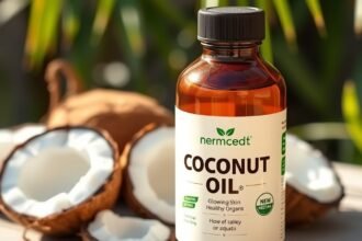 Kókuszolaj üveg, friss kókuszdiók mögött