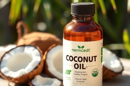 Kókuszolaj üveg, friss kókuszdiók mögött