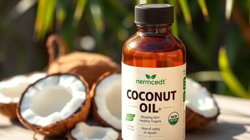 Kókuszolaj üveg, friss kókuszdiók mögött