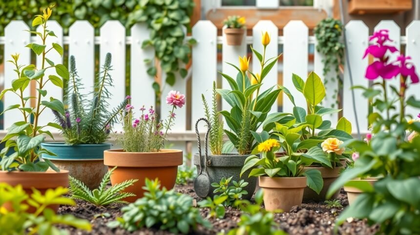 Színes virágok és növények bababarát kertben, biztonságos környezetben.