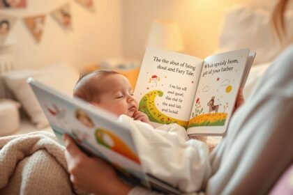 Újszülött baba mesét hallgat, anyja kezében könyv.