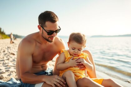 Baba-barát strand Balatonnál apával és babával a vízparton.