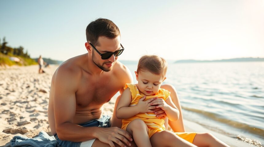 Baba-barát strand Balatonnál apával és babával a vízparton.