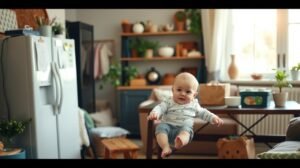 Kisbaba vidáman ül a modern konyhában, háztartási tippeket kereső szülőknek.