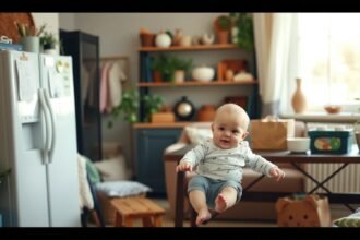 Kisbaba vidáman ül a modern konyhában, háztartási tippeket kereső szülőknek.