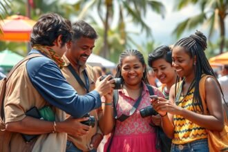 Barátok együtt fényképeznek és osztják meg élményeiket egy napfényes helyszínen.