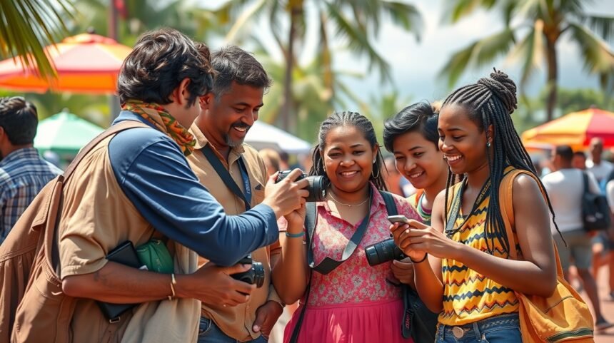 Barátok együtt fényképeznek és osztják meg élményeiket egy napfényes helyszínen.