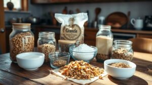 Házi granola hozzávalói: zabpehely, magvak, dió és méz