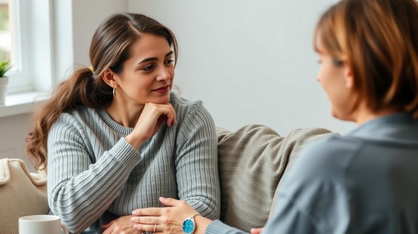 Két nő beszélget egy megbeszélés során, figyelmesen hallgatva egymásra.