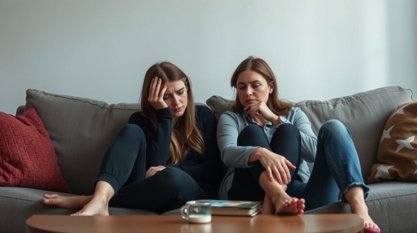 Két nő ül a kanapén, érzelmi elhanyagoltságot kifejezve.