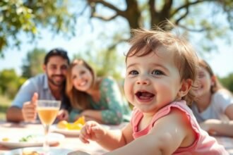 Mosolygó baba családi piknikon szabadban.