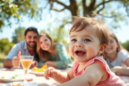 Mosolygó baba családi piknikon szabadban.