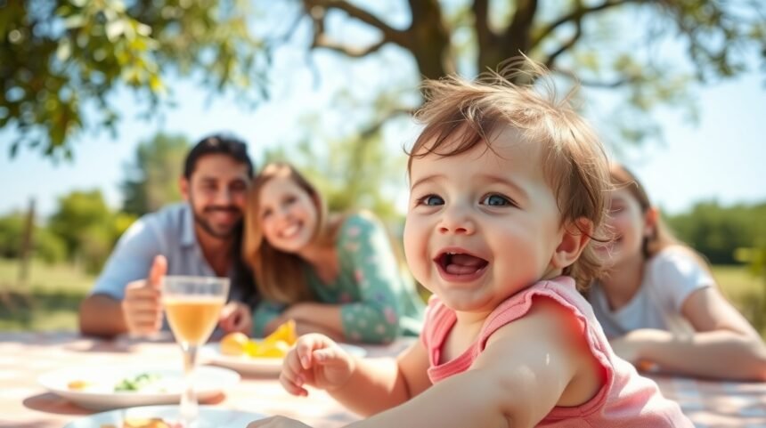 Mosolygó baba családi piknikon szabadban.