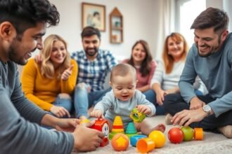Egy baba játék közben, barátok és család körében.
