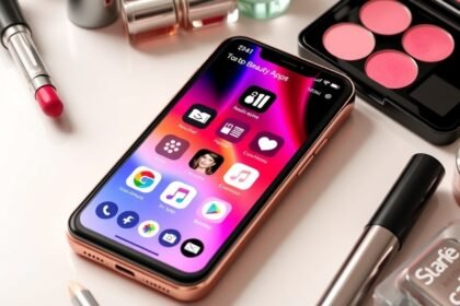 Szépségápolási mobilalkalmazások telefonon, sminktermékek között.