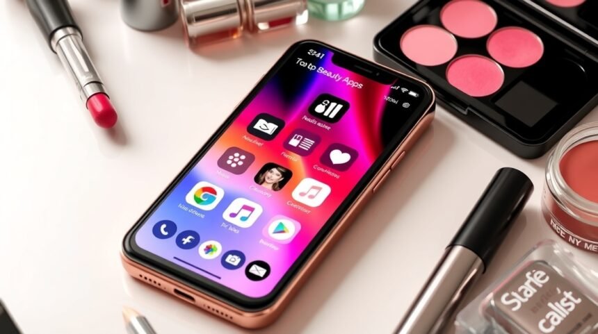 Szépségápolási mobilalkalmazások telefonon, sminktermékek között.