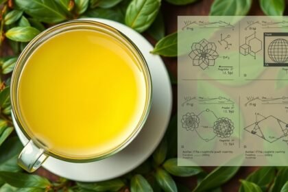 Friss zöld tea egy üvegcsészében, háttérben zöld tea levelekkel és tudományos diagramokkal.