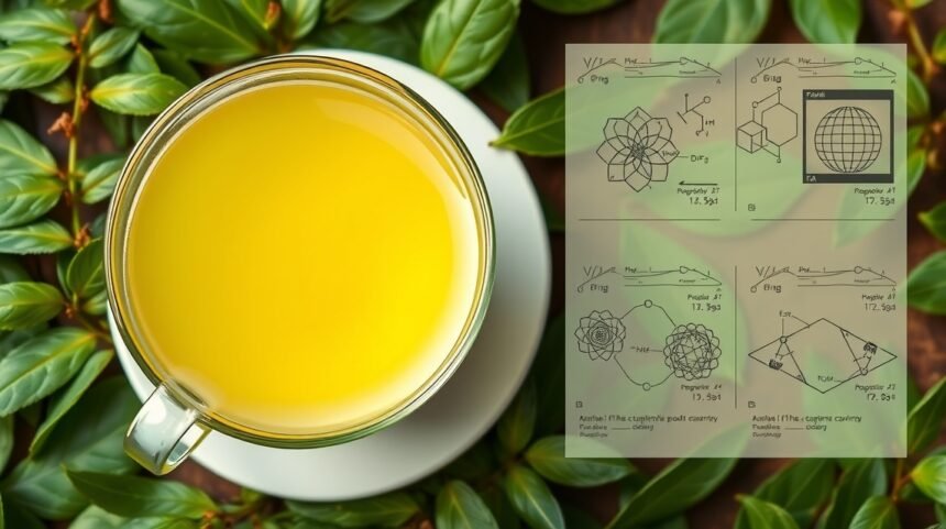 Friss zöld tea egy üvegcsészében, háttérben zöld tea levelekkel és tudományos diagramokkal.