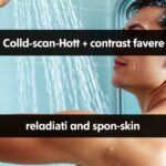 Fiatal férfi váltózuhany alatt, bőre vízcseppekkel borított.