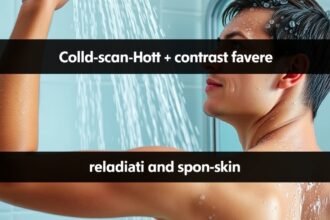 Fiatal férfi váltózuhany alatt, bőre vízcseppekkel borított.