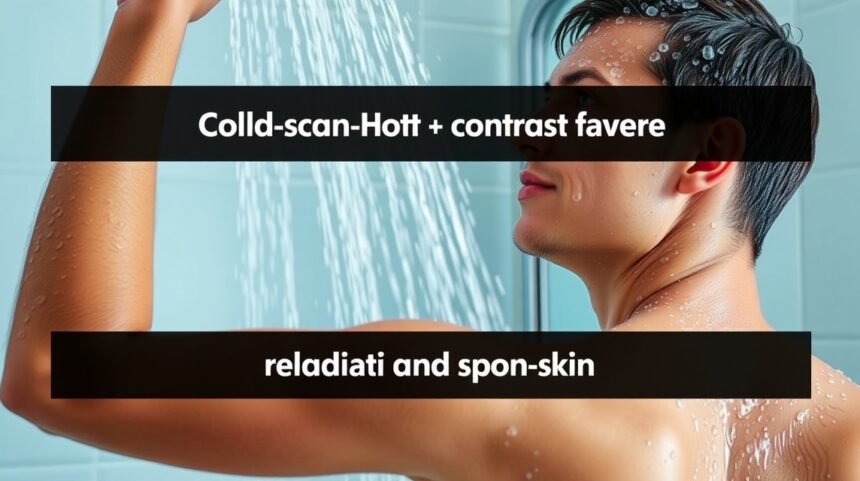 Fiatal férfi váltózuhany alatt, bőre vízcseppekkel borított.