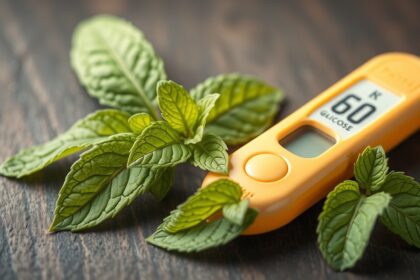 Sztívia levelek és vércukormérő a természetes édesség bemutatására.