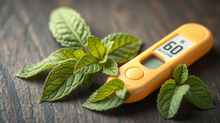 Sztívia levelek és vércukormérő a természetes édesség bemutatására.