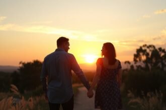 Pár sétál együtt naplementében, erősítve kapcsolatukat.