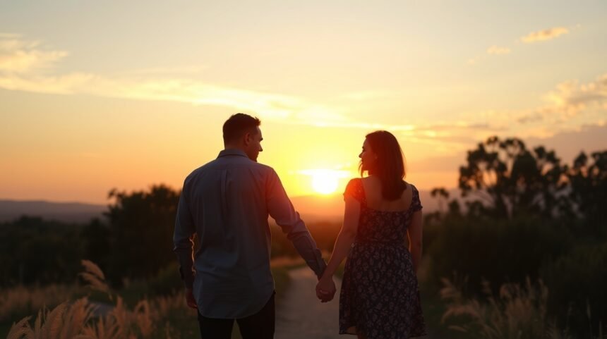 Pár sétál együtt naplementében, erősítve kapcsolatukat.