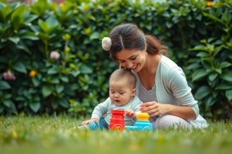 Baba és mama játék közben a kertben, színes játékokkal.