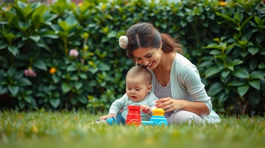 Baba és mama játék közben a kertben, színes játékokkal.