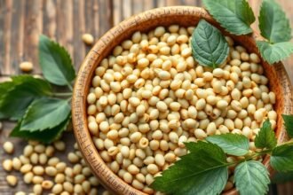 Köles magok egy fából készült tálban friss levelekkel