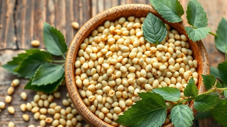 Köles magok egy fából készült tálban friss levelekkel