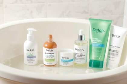 Baba fürdetőszerek érzékeny bőrre, különböző termékek a kád szélén.