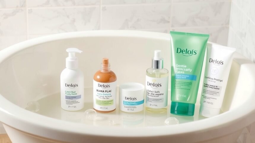 Baba fürdetőszerek érzékeny bőrre, különböző termékek a kád szélén.