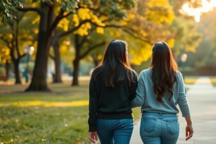 Két nő barátságból alakuló szerelem jeleit mutatja egy parkban.