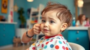 Baba első hajvágása fodrászatban, játékos környezetben.