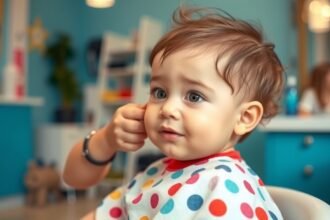 Baba első hajvágása fodrászatban, játékos környezetben.