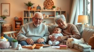 Baba nagyszülőkkel otthoni környezetben.