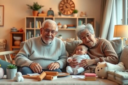 Baba nagyszülőkkel otthoni környezetben.