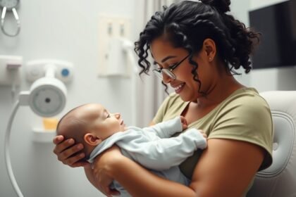 Boldog anya tartja a babáját orvosi rendelőben.