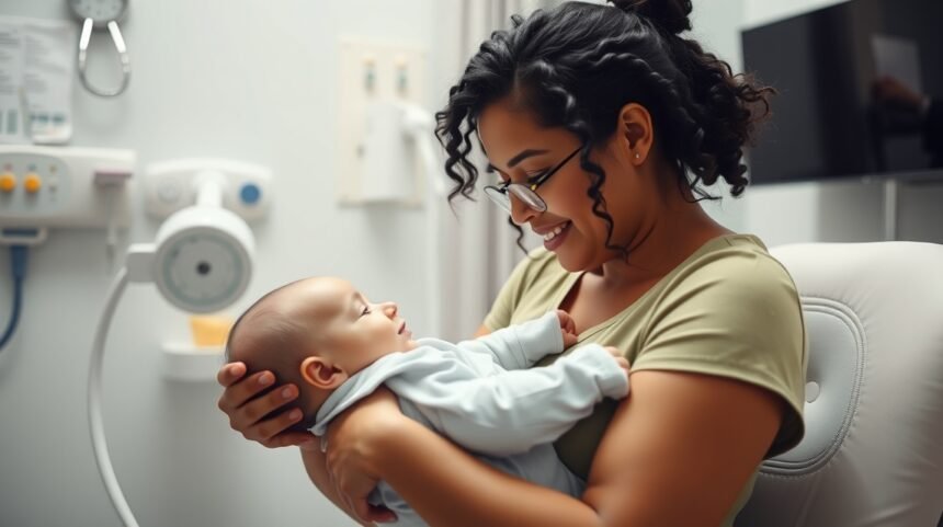 Boldog anya tartja a babáját orvosi rendelőben.
