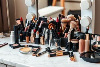 Sminktáska alapvető kellékei: kozmetikumok és ecsetek széles választéka.