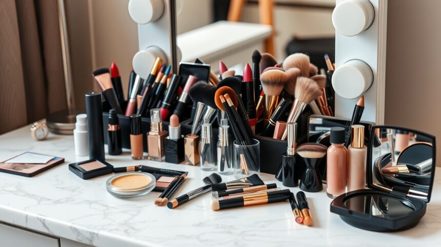 Sminktáska alapvető kellékei: kozmetikumok és ecsetek széles választéka.