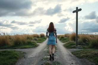 Nő egy kereszteződésnél, az újrakezdés lehetőségei előtt állva.